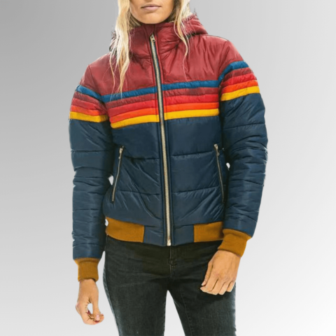 Women's Hooded Puffer Jacket with Colour Block Stripe Design