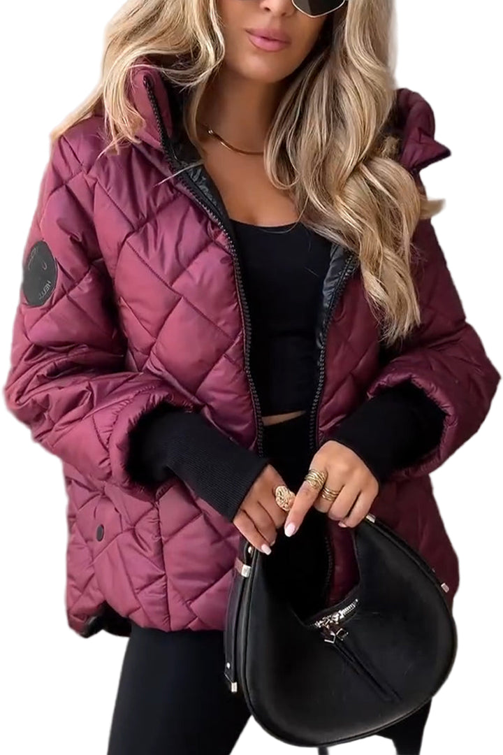 Women's Hooded Puffer Jacket with Zip Front and Stand Collar