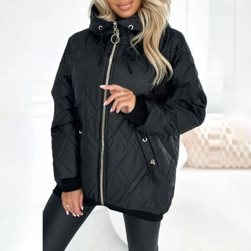 Women's Hooded Quilted Jacket with Zip Front and Side Pockets