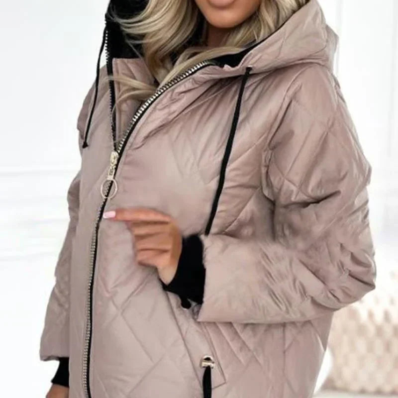 Women's Hooded Quilted Jacket with Zip Front and Side Pockets