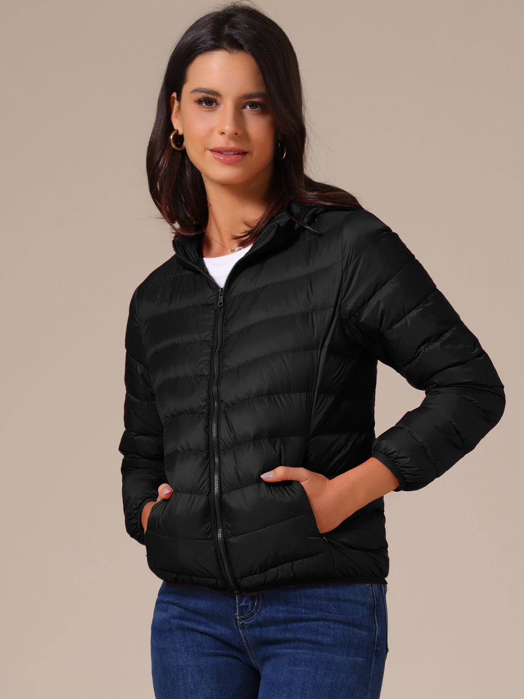 Women's Hooded Quilted Jacket with Zip Front Closure