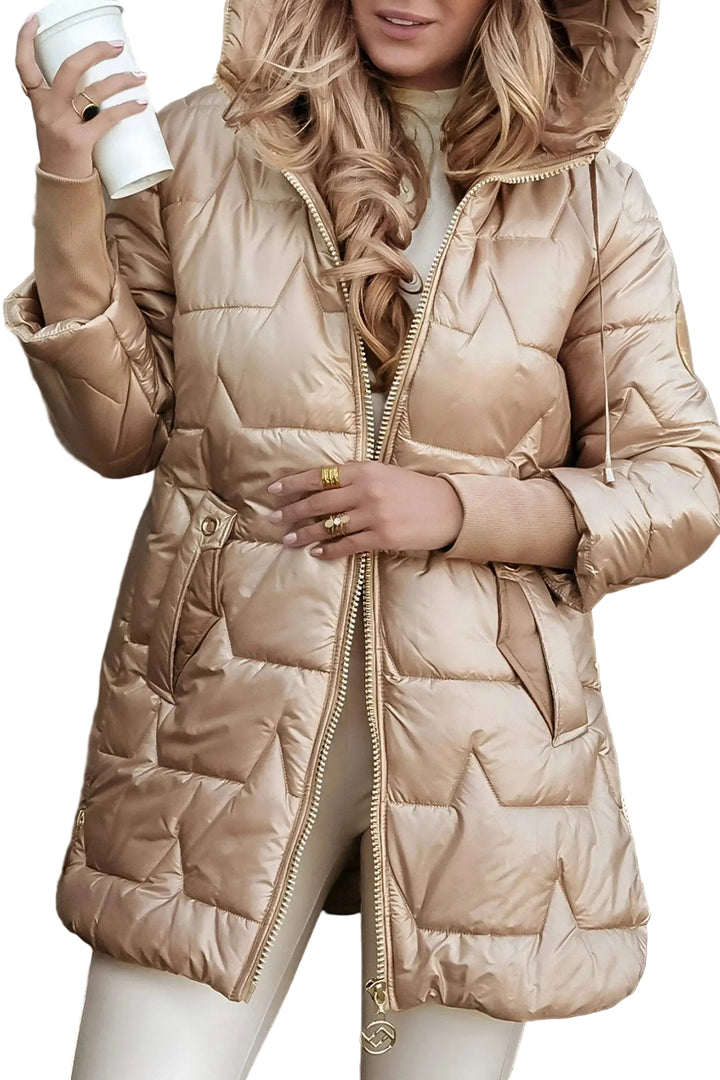 Women's Hooded Quilted Puffer Jacket with High Collar and Zip-Front Closure