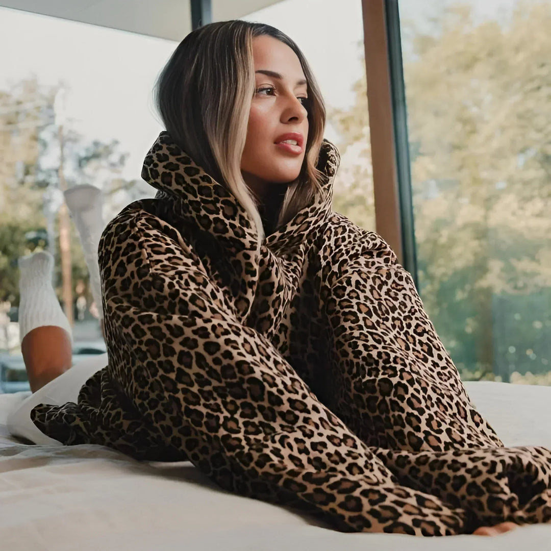Women's Hoodie with Leopard Print and Drawstring Hood with Kangaroo Pocket