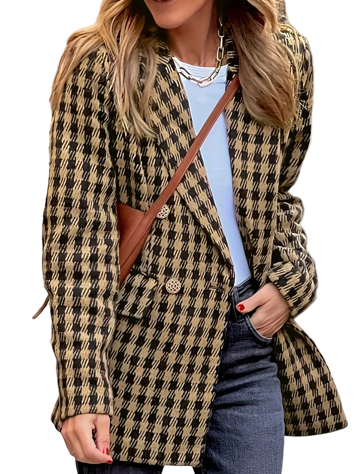 Women's Houndstooth Jacket with Lapel Collar and Button Closure