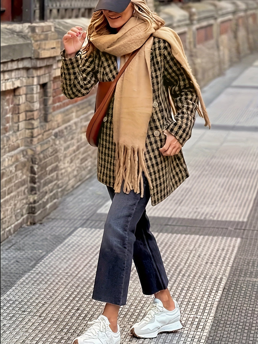 Women's Houndstooth Jacket with Lapel Collar and Button Closure