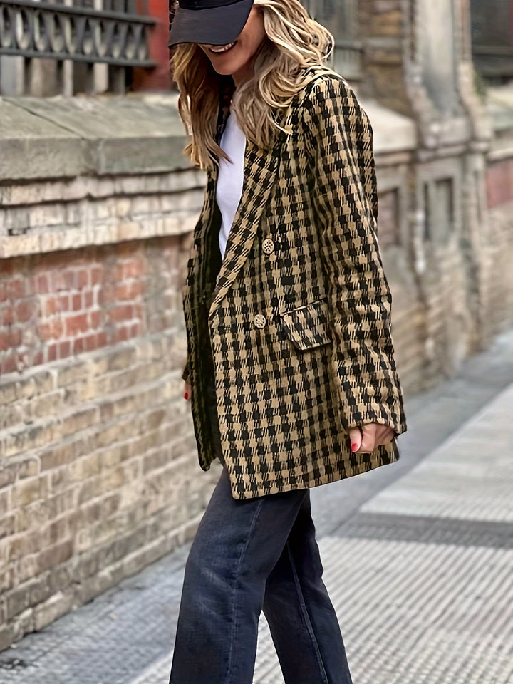 Women's Houndstooth Jacket with Lapel Collar and Button Closure