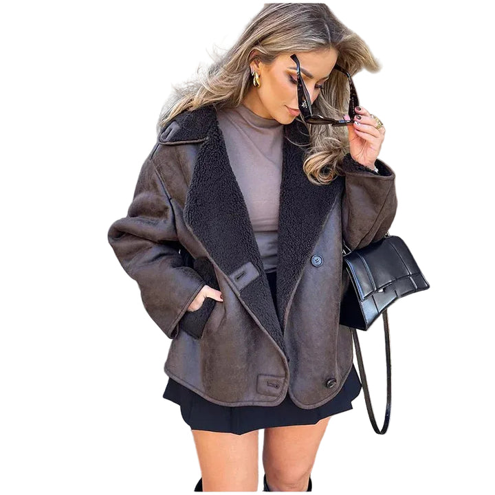 Women's Jacket with Faux Fur Collar and Button Fastening