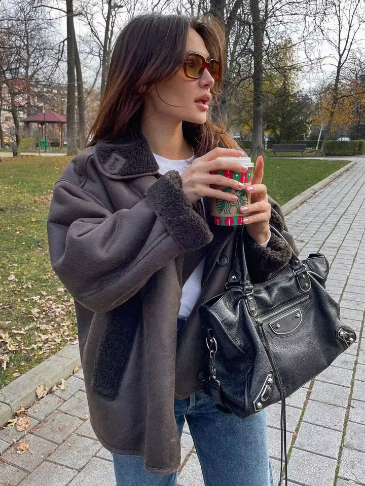 Women's Jacket with Faux Fur Collar and Button Fastening