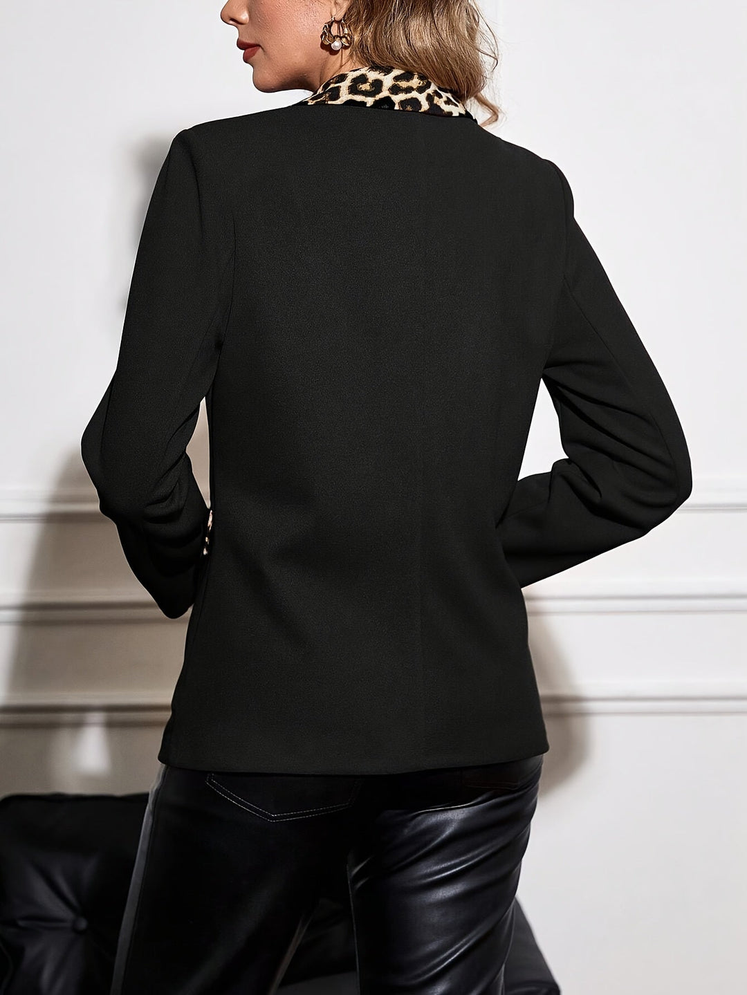 Women's Jacket with Leopard Print Accents and Button Closure