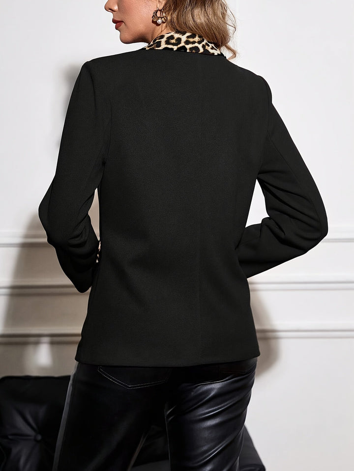 Women's Jacket with Leopard Print Accents and Button Closure