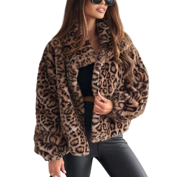 Women's Jacket with Leopard Print and Button Closure with Wide Lapel Collar