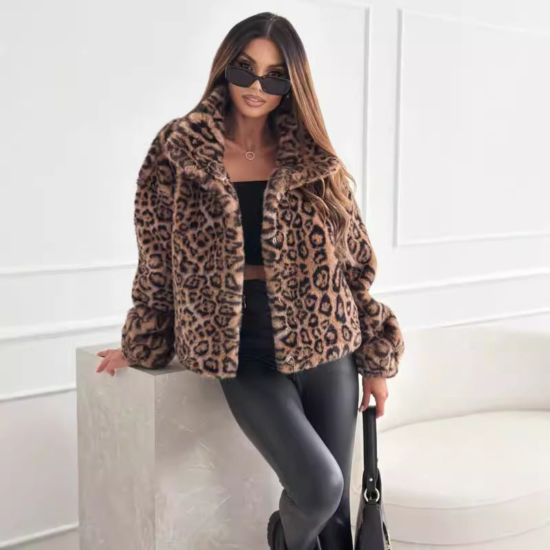 Women's Jacket with Leopard Print and Button Closure with Wide Lapel Collar