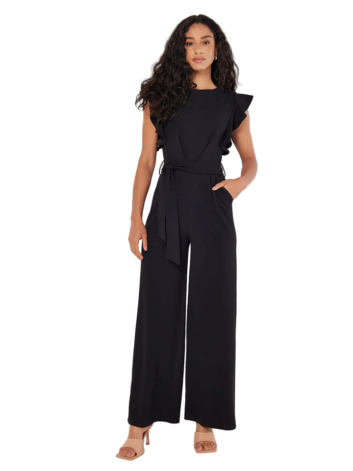 Women's Jumpsuit with Ruffle Sleeves and Removable Tie Belt