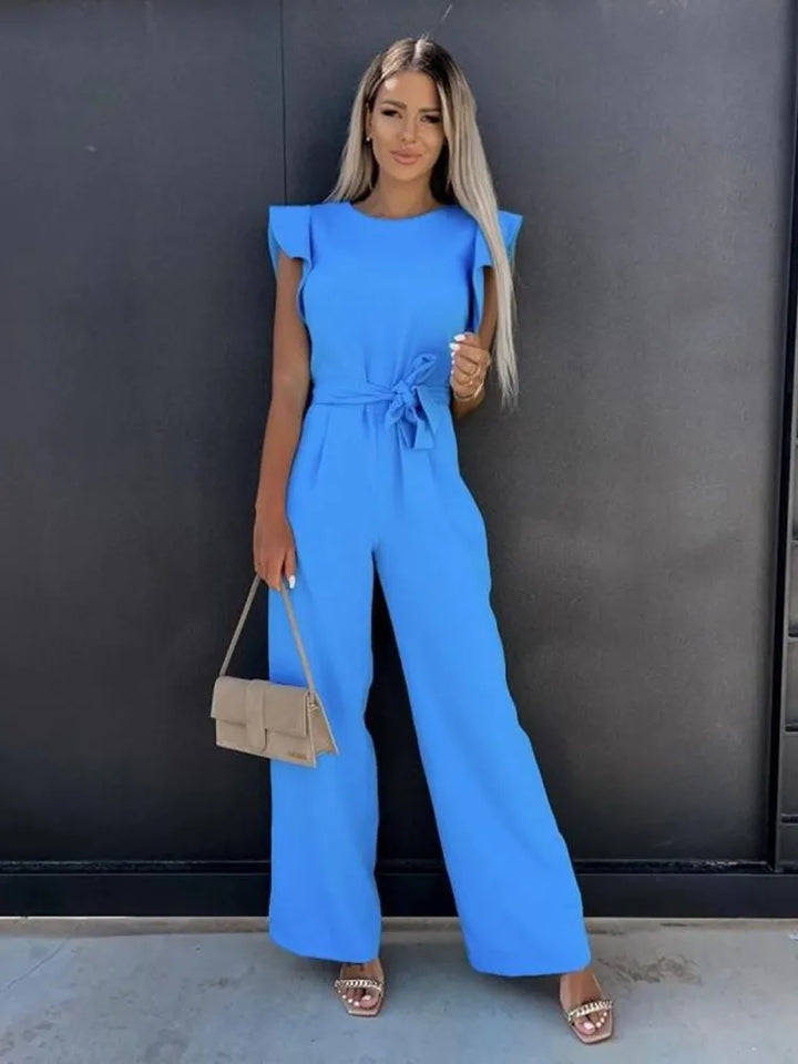 Women's Jumpsuit with Ruffle Sleeves and Removable Tie Belt