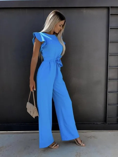 Women's Jumpsuit with Ruffle Sleeves and Removable Tie Belt