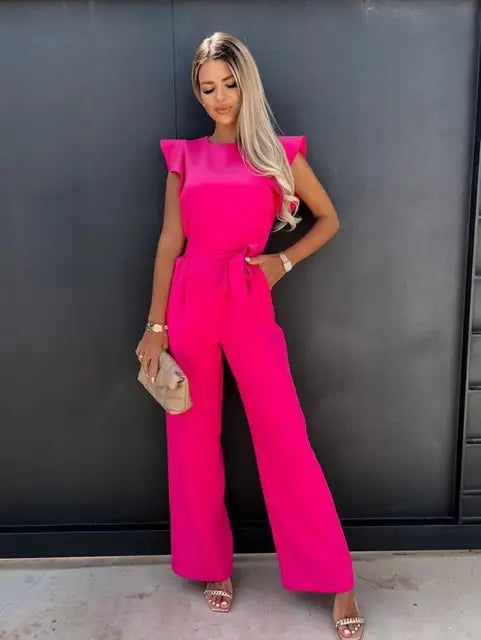 Women's Jumpsuit with Ruffle Sleeves and Removable Tie Belt