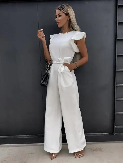 Women's Jumpsuit with Ruffle Sleeves and Removable Tie Belt