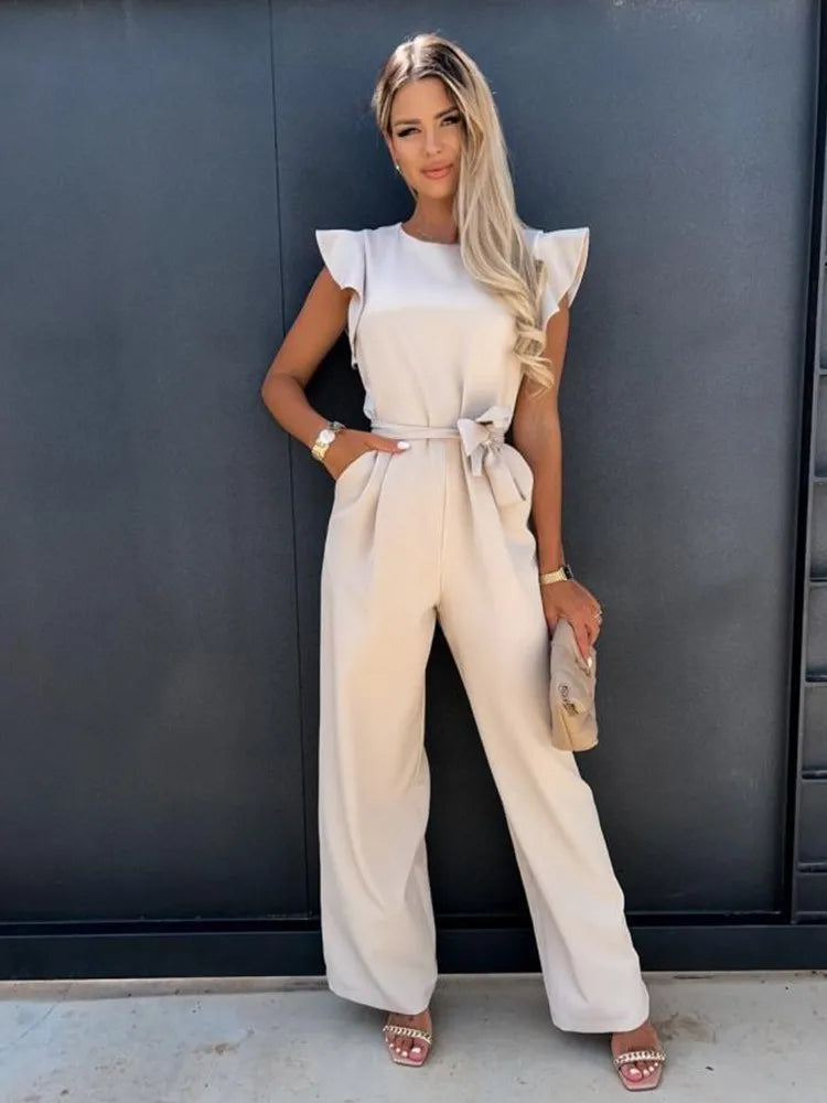 Women's Jumpsuit with Ruffled Sleeves and Tie Belt