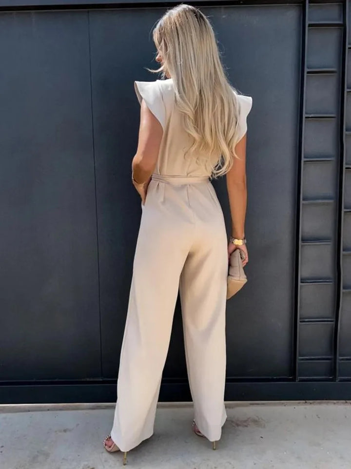 Women's Jumpsuit with Ruffled Sleeves and Tie Belt