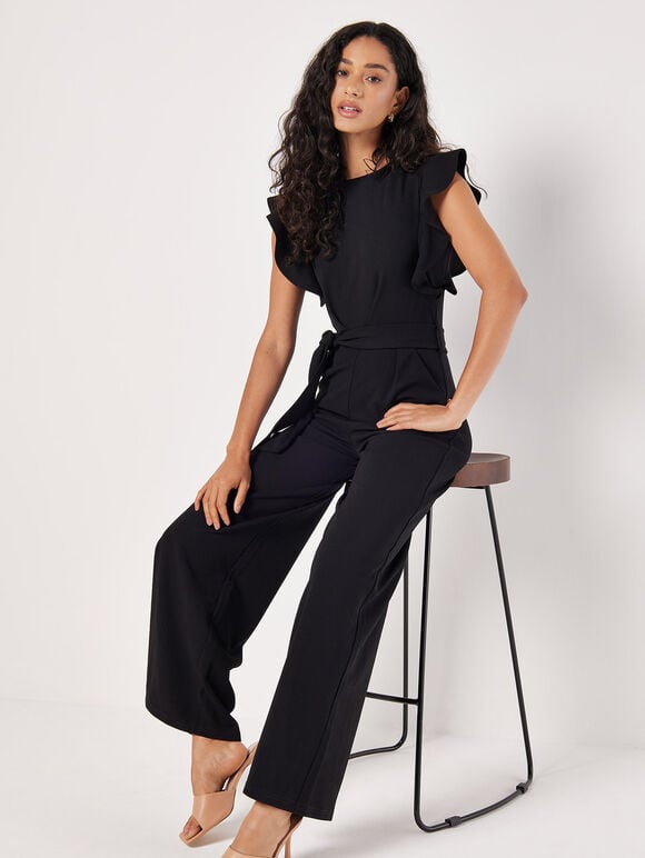 Women's Jumpsuit with Ruffled Sleeves and Tie Belt