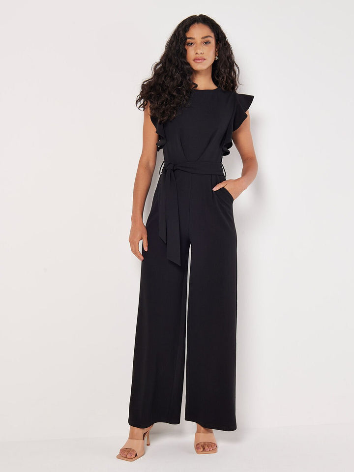 Women's Jumpsuit with Ruffled Sleeves and Tie Belt