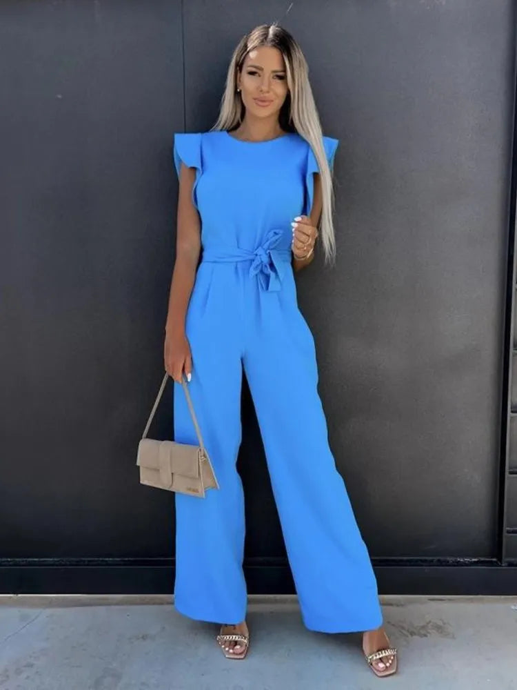 Women's Jumpsuit with Ruffled Sleeves and Tie Belt