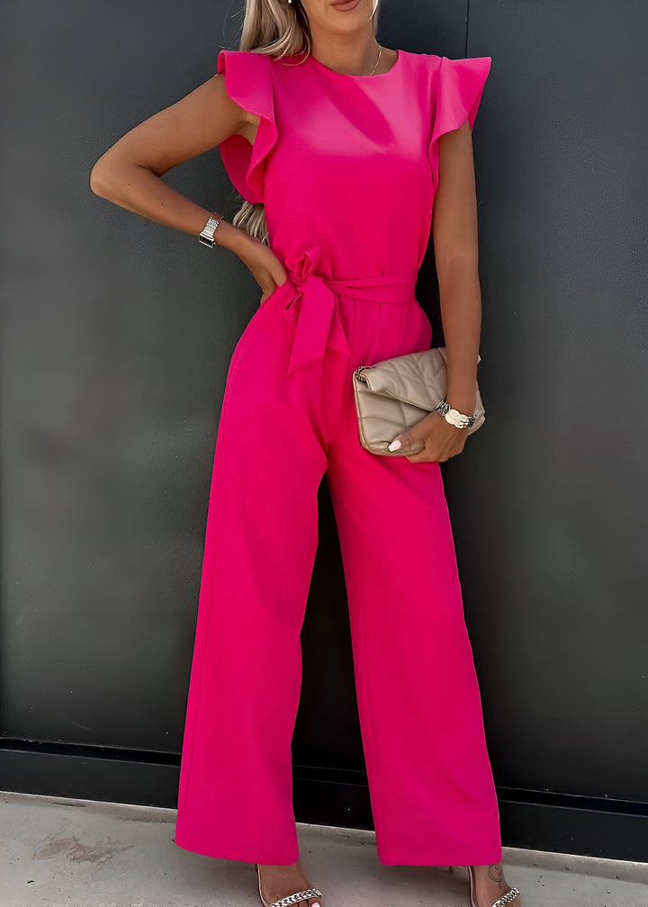 Women's Jumpsuit with Ruffled Sleeves and Tie Belt