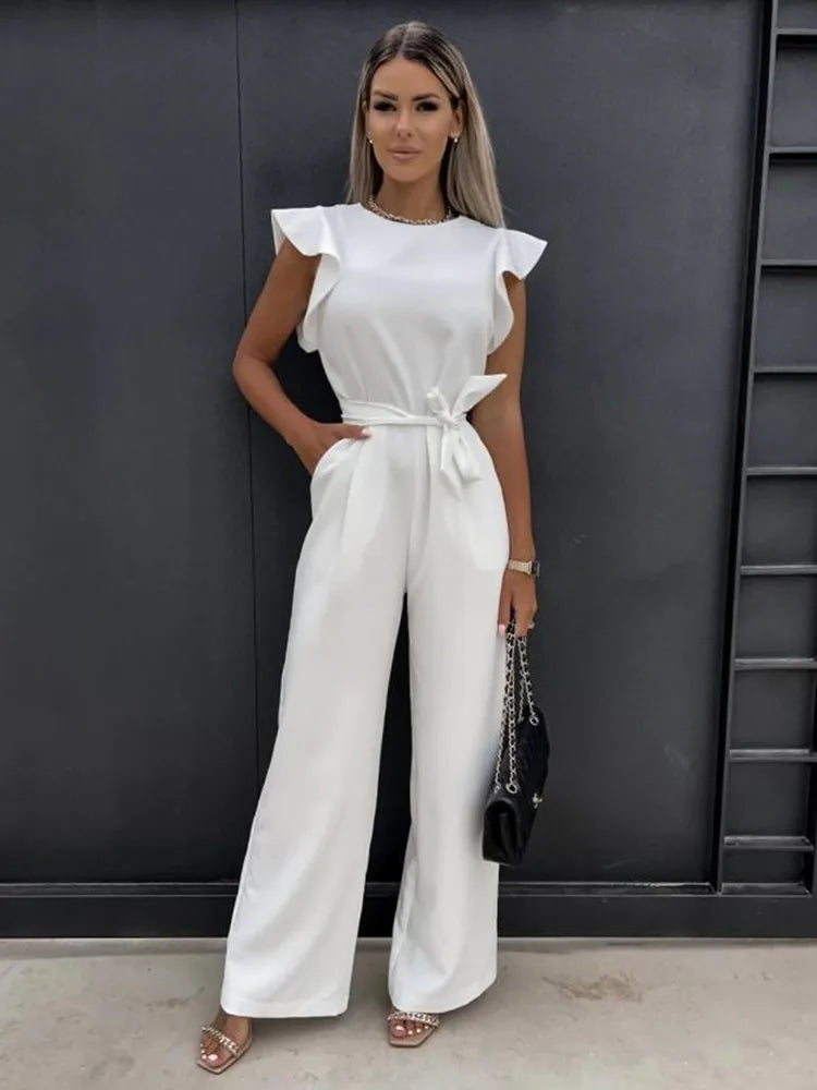 Women's Jumpsuit with Ruffled Sleeves and Tie Belt