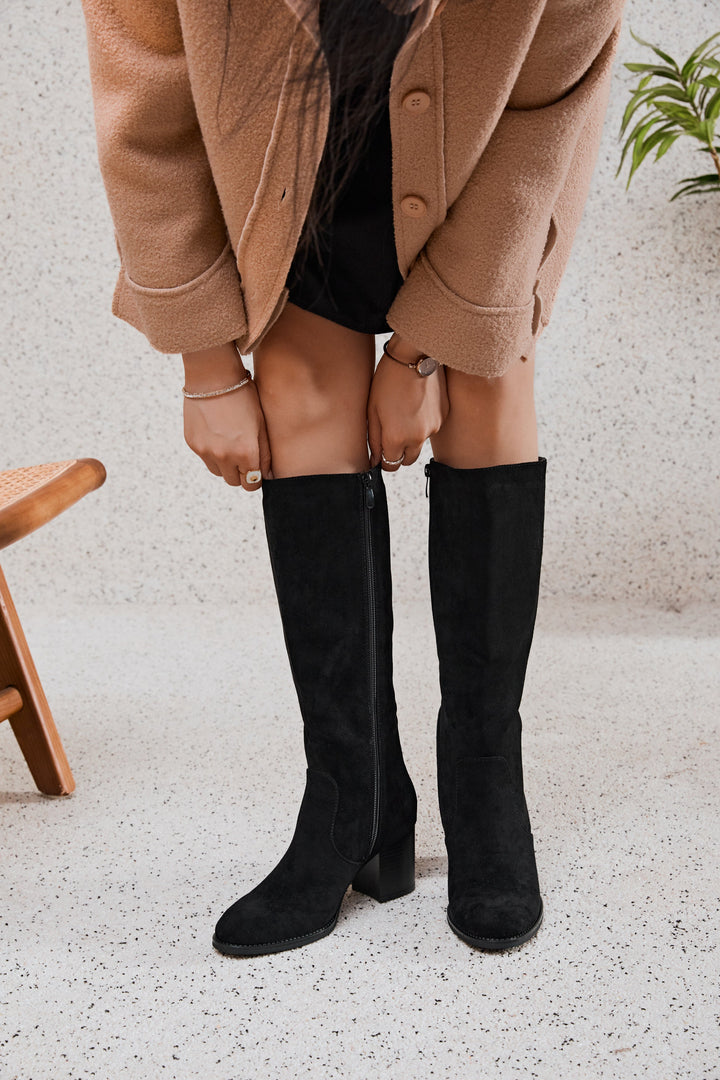 Women's Knee-High Boots with Block Heel and Pull-On Entry