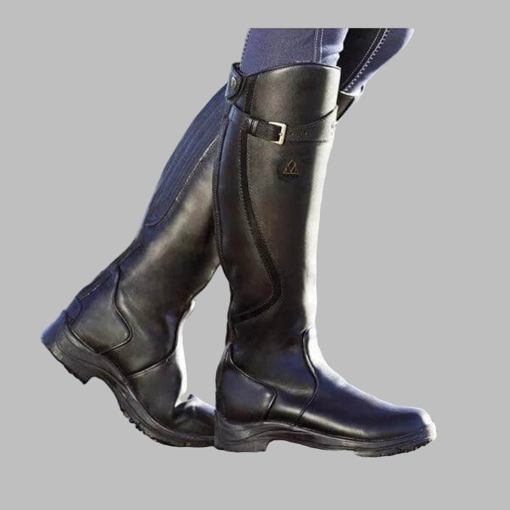 Women's Knee-High Riding Boots with Buckle Straps and Side Zip Closure
