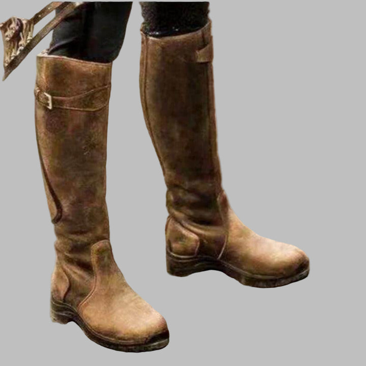 Women's Knee-High Riding Boots with Buckle Straps and Side Zip Closure
