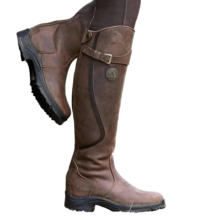 Women's Knee-High Riding Boots with Buckle Straps and Side Zip Closure