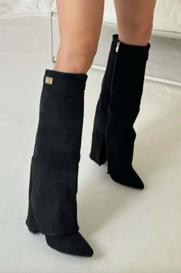 Women's Knee-High Wedge Boots with Pointed Toe and Buckle Strap Detail