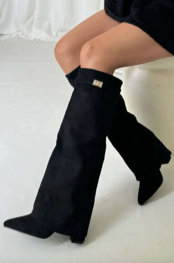 Women's Knee-High Wedge Boots with Pointed Toe and Buckle Strap Detail