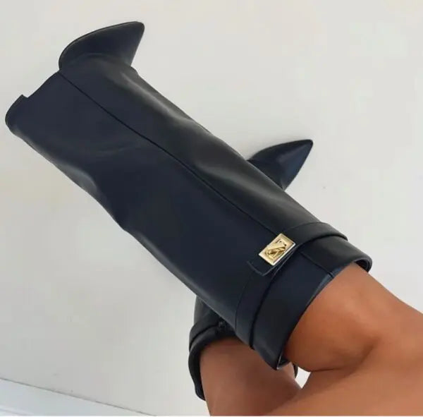 Women's Knee-High Wedge Boots with Pointed Toe and Buckle Strap Detail