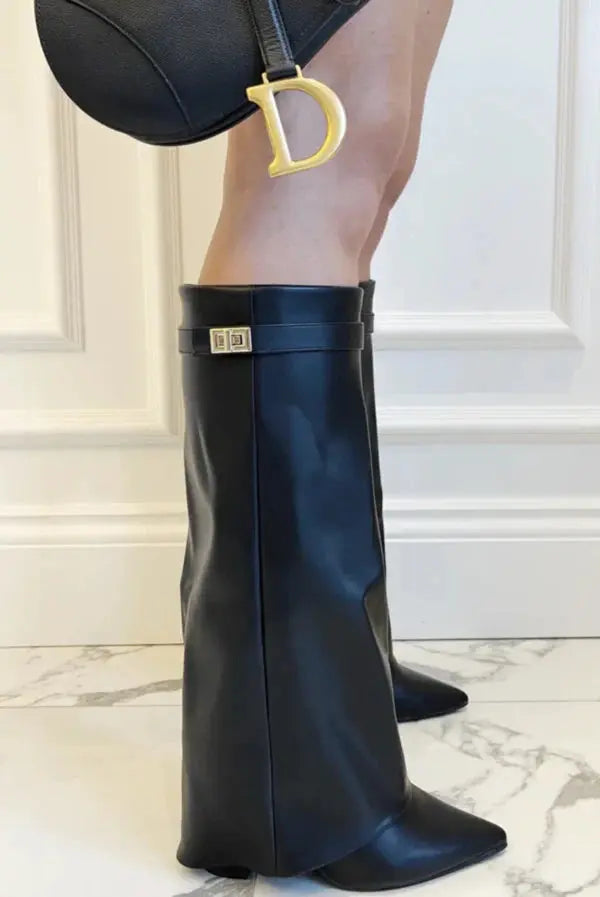Women's Knee-High Wedge Boots with Pointed Toe and Buckle Strap Detail