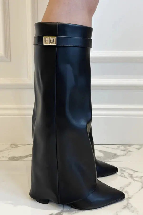 Women's Knee-High Wedge Boots with Pointed Toe and Buckle Strap Detail