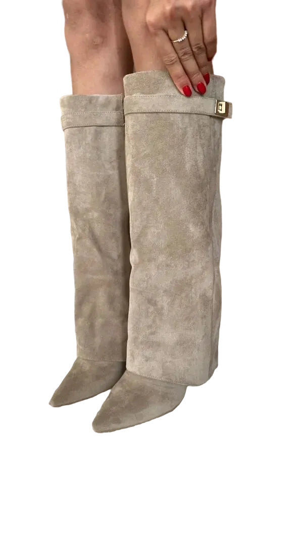 Women's Knee-High Wedge Boots with Pointed Toe and Buckle Strap Detail