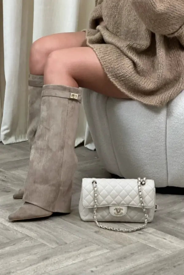 Women's Knee-High Wedge Boots with Pointed Toe and Buckle Strap Detail