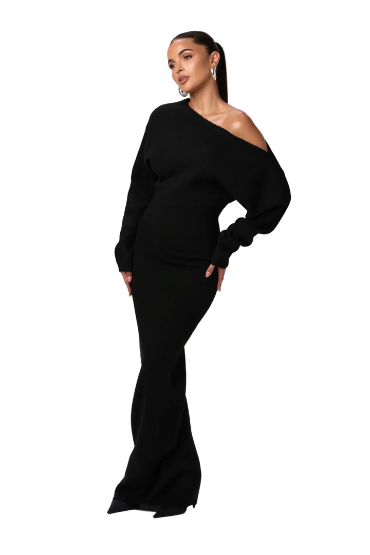 Women's Knitted Maxi Dress with Asymmetrical Shoulder Cut-Out