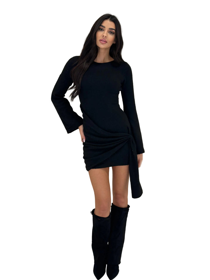 Women's Knitted Mini Dress with Round Neckline and Trumpet Sleeves