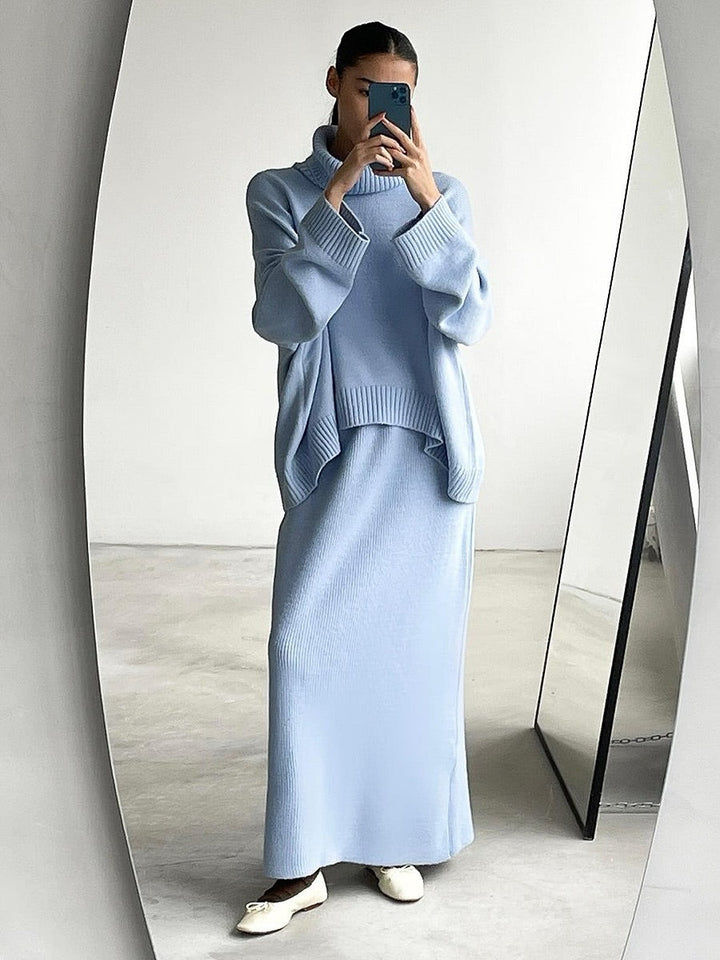 Women's Knitted Two-Piece Set with Roll Neck Jumper and Maxi Skirt