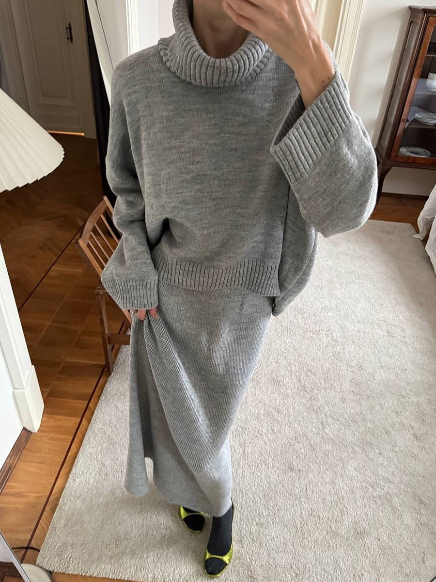 Women's Knitted Two-Piece Set with Roll Neck Jumper and Maxi Skirt