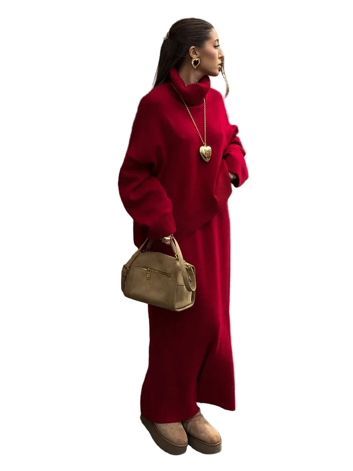 Women's Knitted Two-Piece Set with Roll Neck Jumper and Maxi Skirt