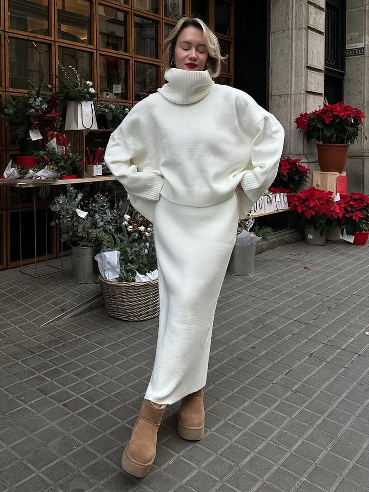 Women's Knitted Two-Piece Set with Roll Neck Jumper and Maxi Skirt