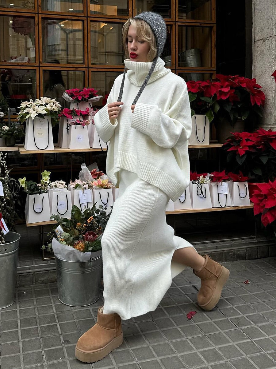 Women's Knitted Two-Piece Set with Roll Neck Jumper and Maxi Skirt