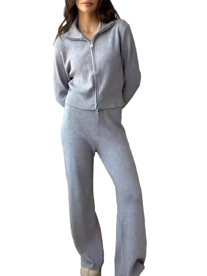 Women's Knitted Two-Piece Set with Zip Jacket and Wide-Leg Trousers