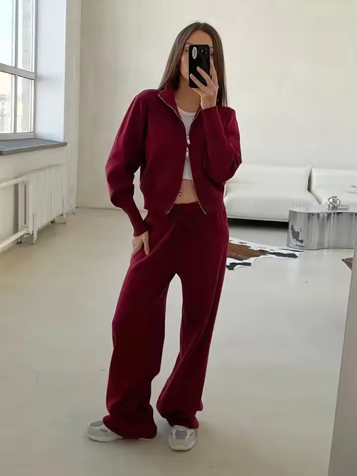 Women's Knitted Two-Piece Set with Zip Jacket and Wide-Leg Trousers