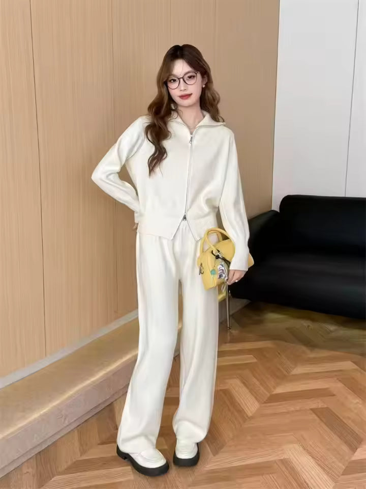 Women's Knitted Two-Piece Set with Zip Jacket and Wide-Leg Trousers