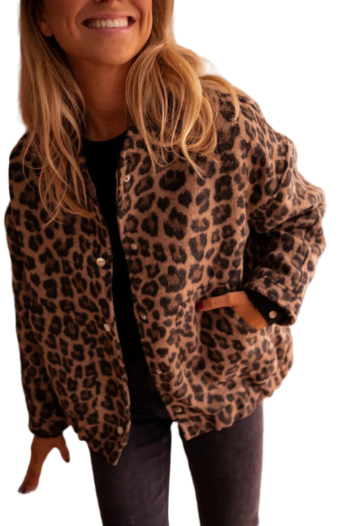 Women's Leopard Print Bomber Jacket with Snap Button Closure